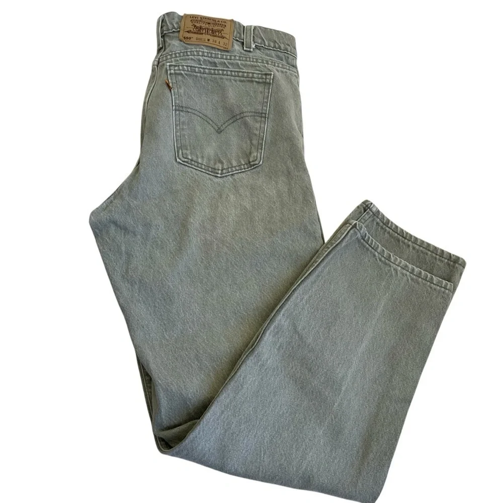 Vintage 90s Levi’s 550 Jeans Relaxed Fit Tapered Leg Faded Green Grey USA 36x32